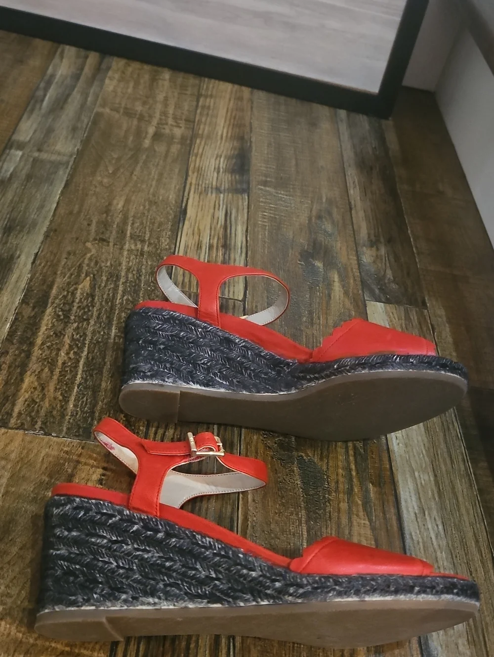 Vionic Women’s Red Sandals W/ Black Espadrille Wedge Heel & Ankle Strap
